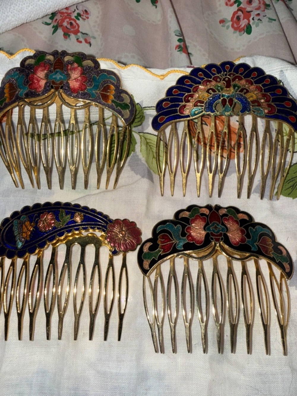 Gold-tone Cloisonné Floral Enamel Hair Comb - Assorted Colors